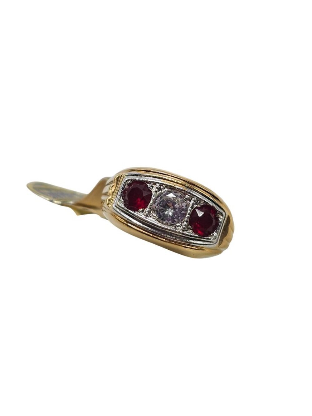 18K Gold Electroplate Ring Synthetic White Spinel Ruby Stones Mens Vintage 8.5